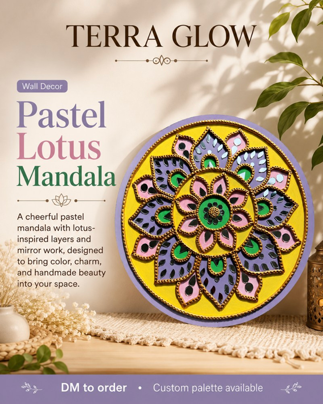 A pastel lotus mandala wall decor piece displayed on a tabletop with decorative props. The circular mandala features layered lotus petals in lavender, pink, green, and gold, mounted on a yellow backing.