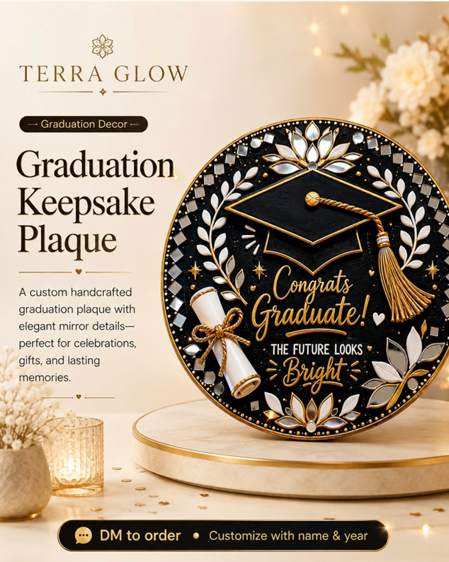 Terra Glow Graduation Keepsake Plaque shown on a decorative pedestal with promotional text. The round black plaque features a gold and white graduation cap, laurel wreath, stars, and the words 'Congrats Graduate! The Future Looks Bright.