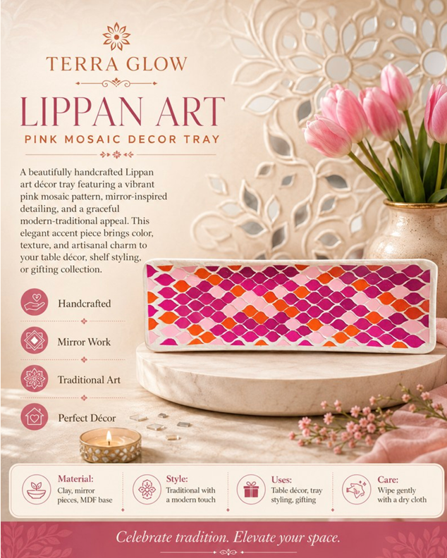 Terra Glow Lippan Art Pink Mosaic Decor Tray shown on a decorative tabletop with pink tulips in a ceramic vase, product text, and care/use information on a cream background.