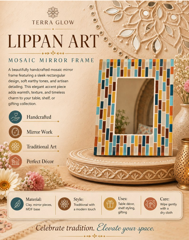 A terracotta glazed Lippan Art mosaic mirror frame displayed on a decorative pedestal in a warm, styled interior setting. The frame features a colorful geometric mosaic pattern with blue, orange, yellow, brown, and white tiles.