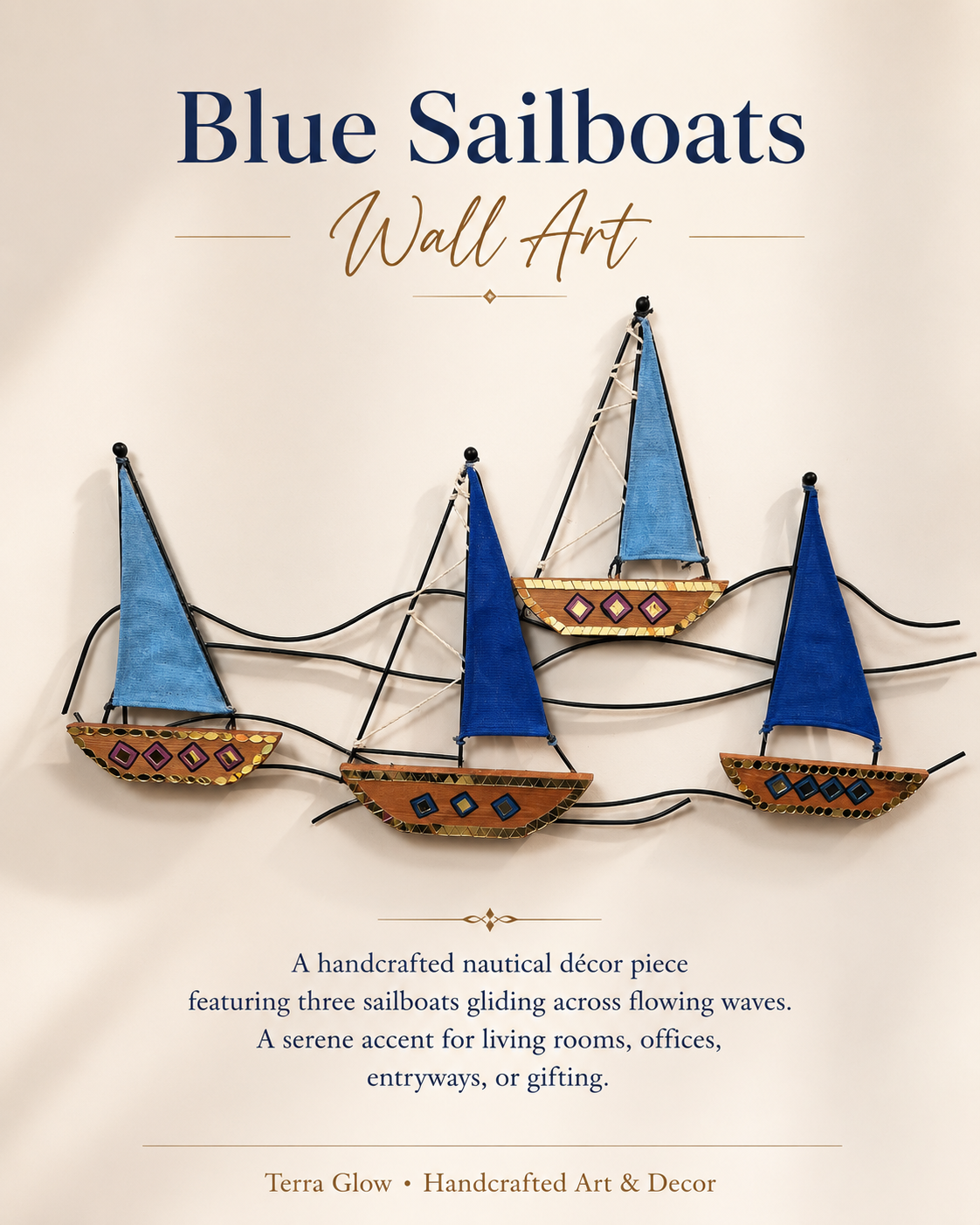 Blue Sailboats Wall Art featuring three handcrafted wooden sailboats with blue sails and patterned brown hulls, mounted on a beige wall. The image includes product title text 'Blue Sailboats Wall Art' and descriptive copy for the decor piece.
