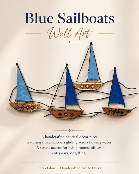 Blue Sailboats Wall Art featuring three handcrafted wooden sailboats with blue sails and patterned brown hulls, mounted on a beige wall. The image includes product title text 'Blue Sailboats Wall Art' and descriptive copy for the decor piece.