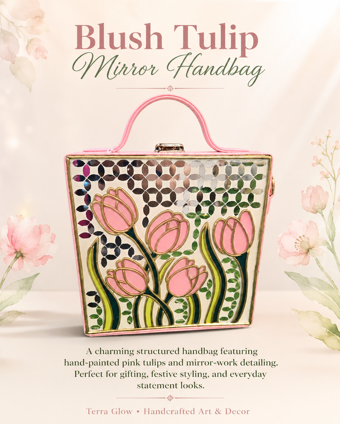 A structured mirror handbag with pink tulip artwork and a pink handle, centered on a soft cream background with floral decorations and the text 'Blush Tulip Mirror Handbag' and a short product description.