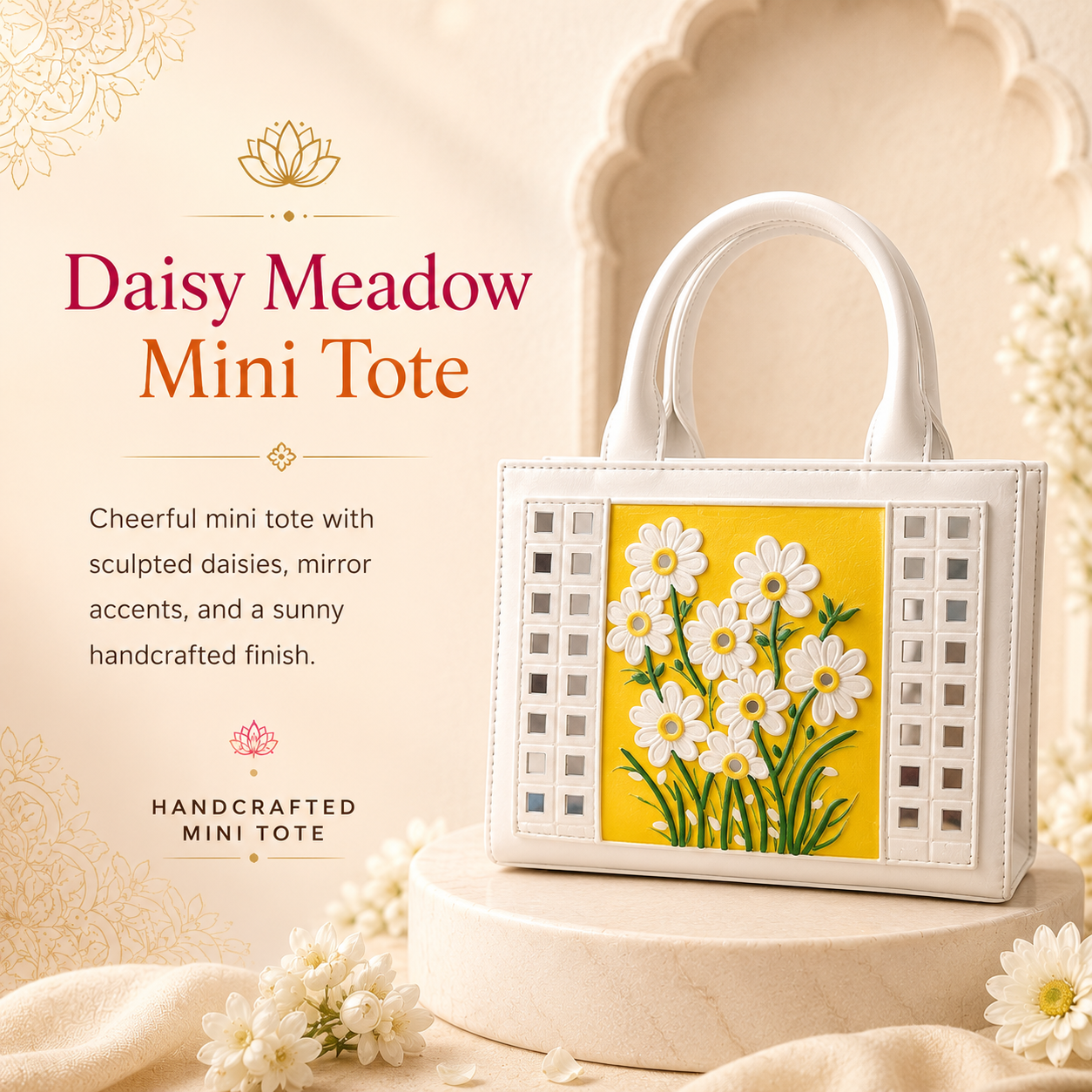 A white mini tote bag with a bright yellow front panel featuring sculpted white daisies and green stems, displayed on a pedestal with decorative text reading 'Daisy Meadow Mini Tote' and 'Handcrafted Mini Tote.'.