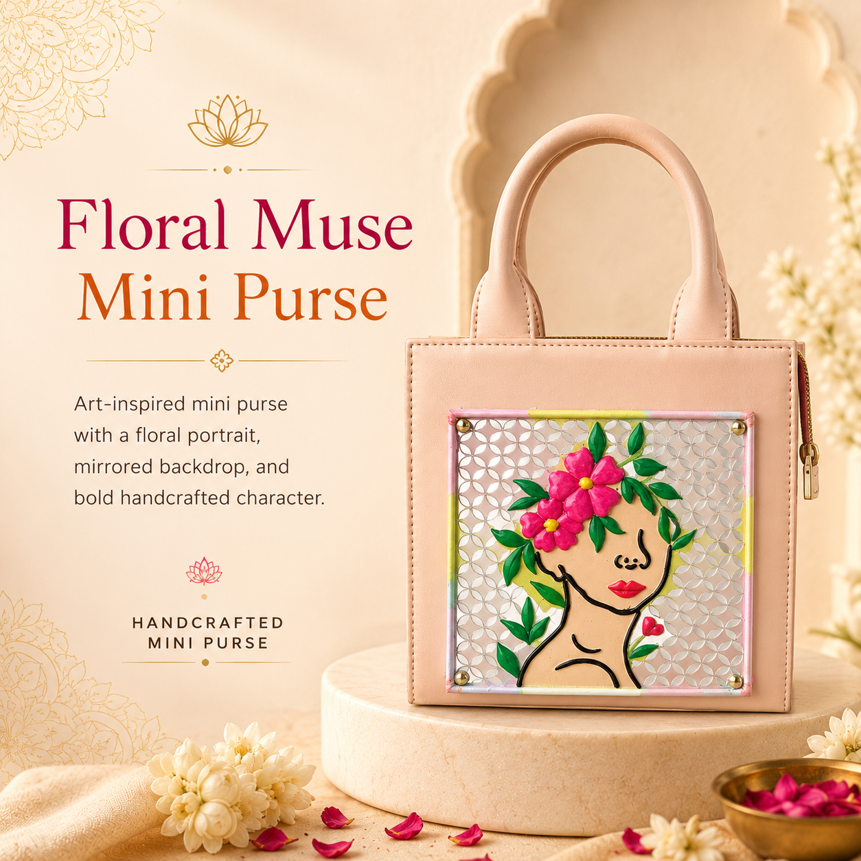 A floral-themed mini handbag displayed on a pedestal with decorative props. The bag is light beige with a mirrored floral portrait panel on the front featuring pink flowers, green leaves, and a stylized face.
