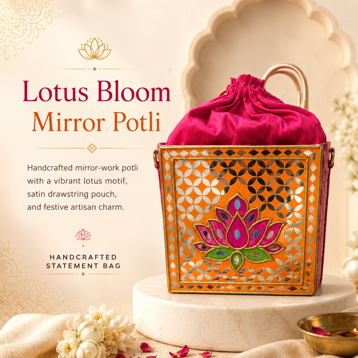 A decorative mirror potli bag labeled 'Lotus Bloom Mirror Potli' in orange-gold metalwork with a bright pink satin drawstring top, displayed on a pedestal with floral props and text on a warm beige background.