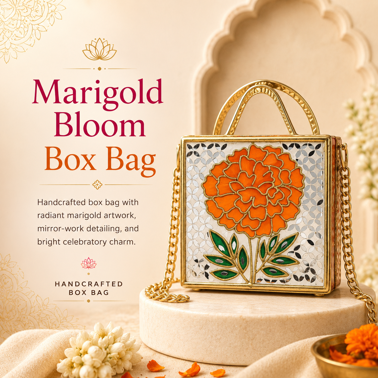 A decorative handcrafted box bag displayed on a pedestal in a styled studio setting. The bag has a gold-tone frame and chain handle, with a mirror-work pattern and a large orange marigold flower design with green leaves on the front.