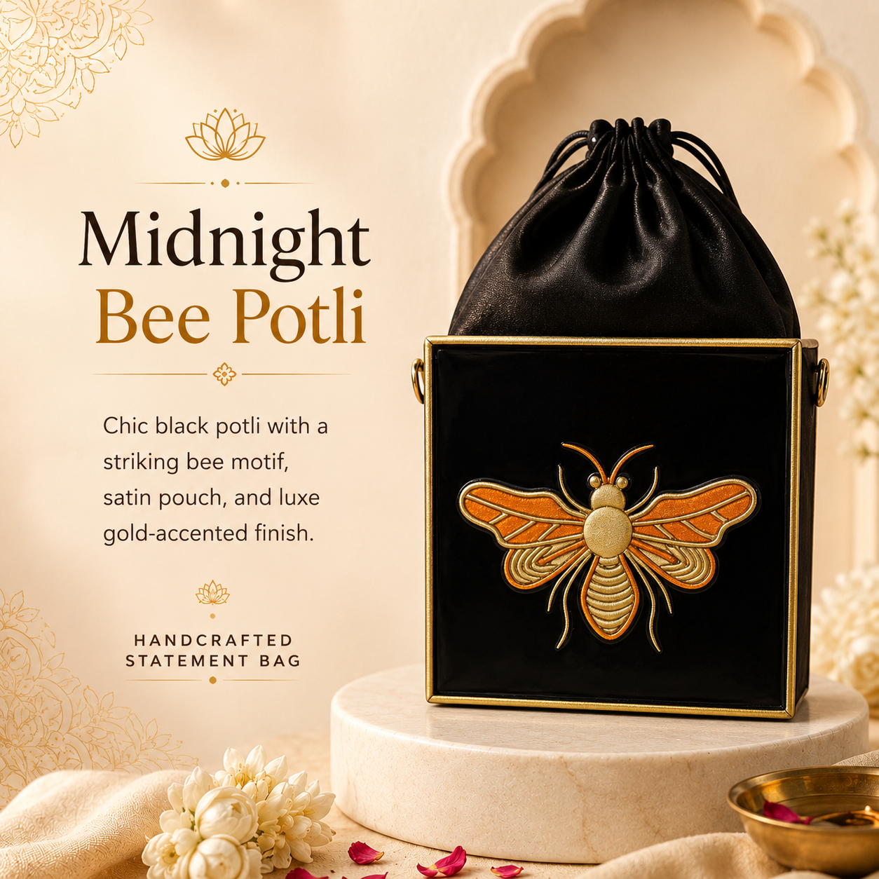A black satin drawstring potli bag with gold trim and a large gold bee emblem on the front, displayed on a cream pedestal. The background is a warm beige with decorative text reading 'Midnight Bee Potli' and floral props.