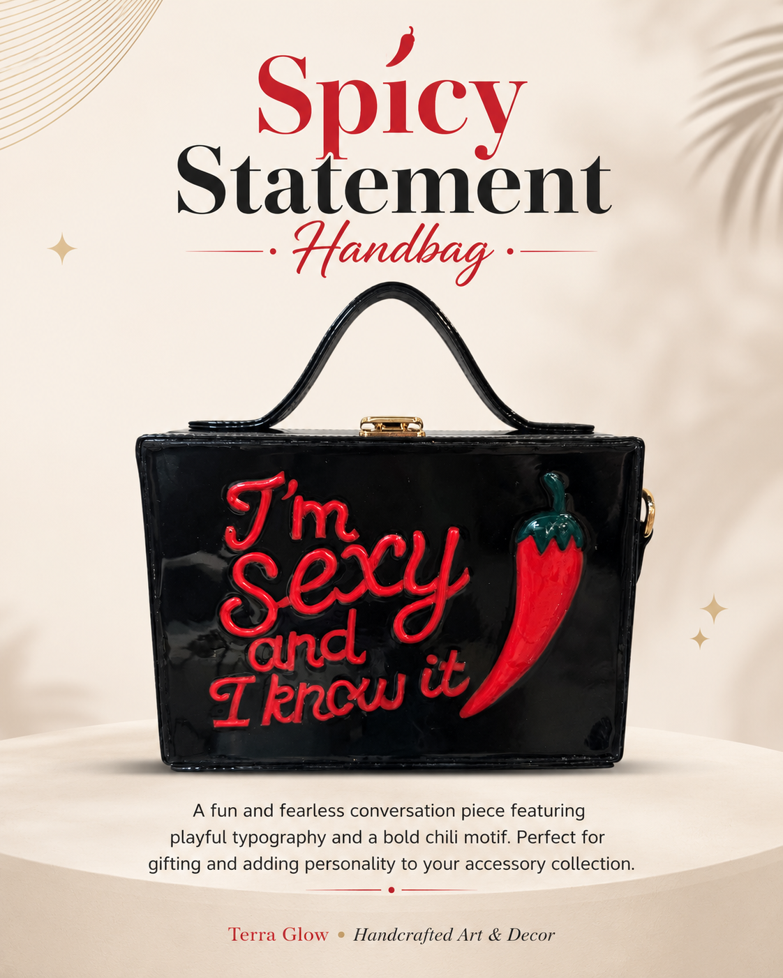 A glossy black handbag with a top handle, featuring the phrase 'I'm Sexy and I know it' in red script alongside a red chili pepper graphic. The image is presented as a product cover with the title 'Spicy Statement Handbag' and descriptive text on a light beige background with subtle tropical leaf shadows.