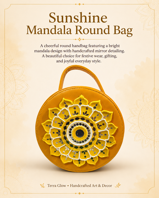 A round yellow mandala handbag with a floral mirror-work design, shown on a light beige background with promotional text above it. The text reads 'Sunshine Mandala Round Bag' and includes the brand 'Terra Glow Handcrafted Art & Decor' at the bottom.