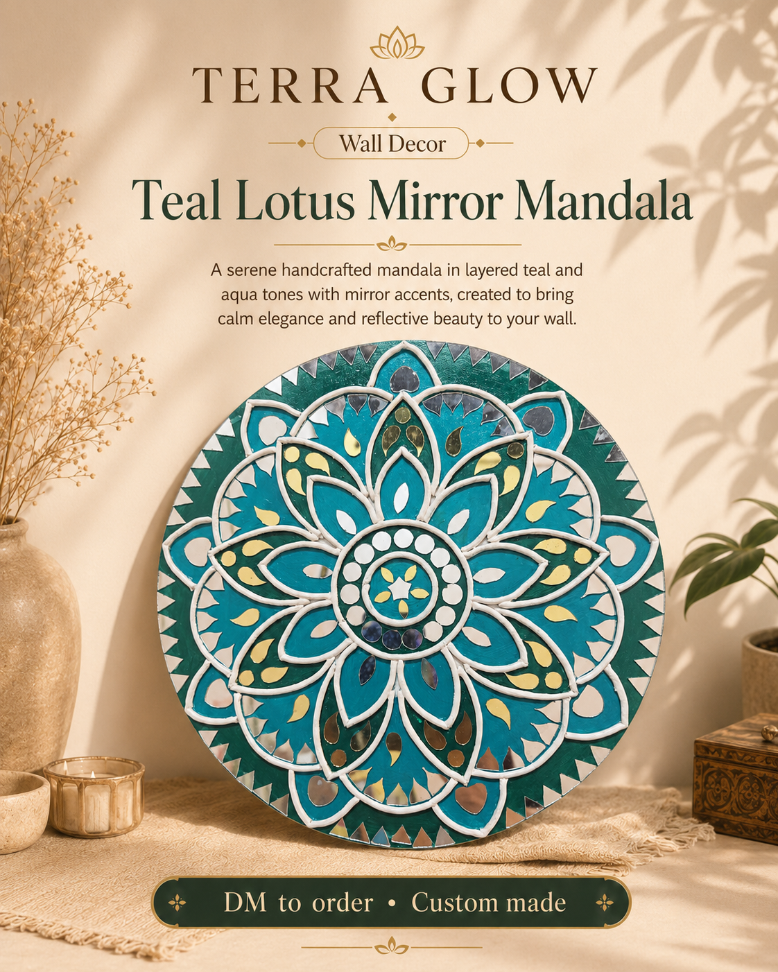 A round decorative wall mirror featuring a detailed teal, blue, white, and gold mandala design, displayed on a beige wall with shadows. The image includes promotional text for 'TERRA GLOW Wall Decor' and 'Teal Lotus Mirror Mandala', along with styled props like dried flowers, candles, and a plant.