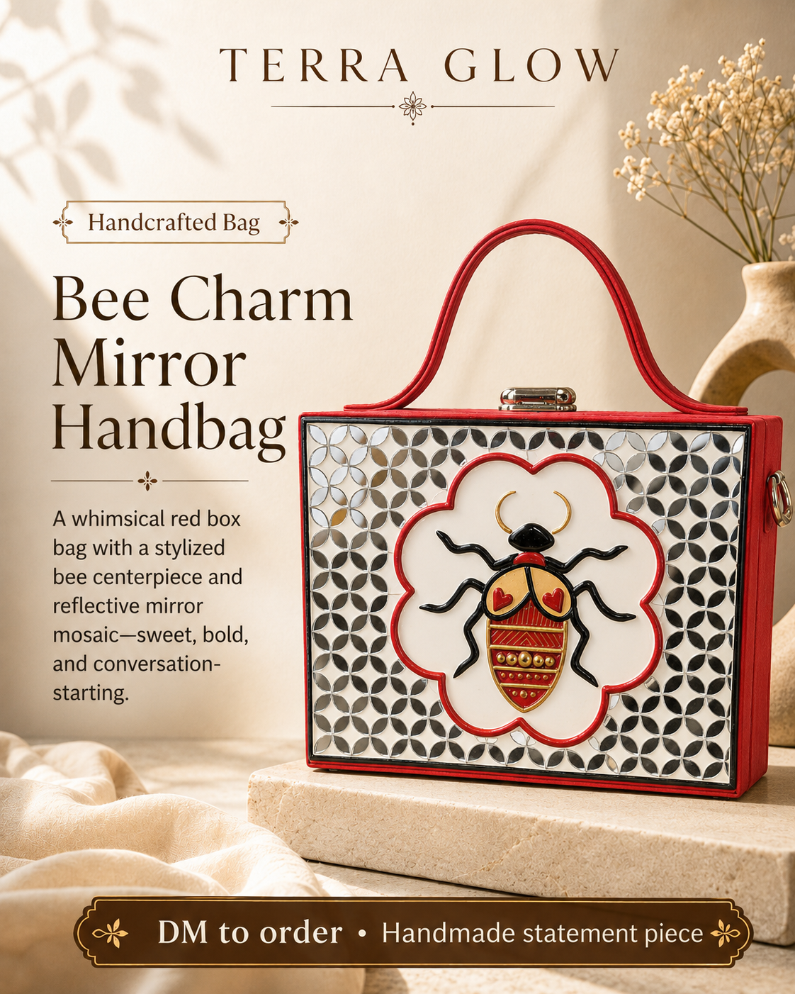 Terra Glow Bee Charm Mirror Handbag in red, featuring a white and black geometric mirror mosaic pattern with a central stylized bee charm on a flower-shaped frame, displayed on a stone pedestal with dried flowers in the background.