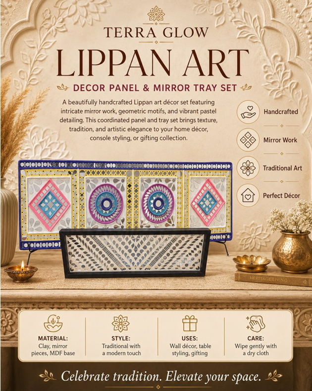 Terra Glow Lippan Art Decor Panel & Mirror Tray Set advertisement showing a handcrafted panel set with geometric mirror work, traditional art motifs, and a mirror tray, set against a warm beige background with decorative elements.