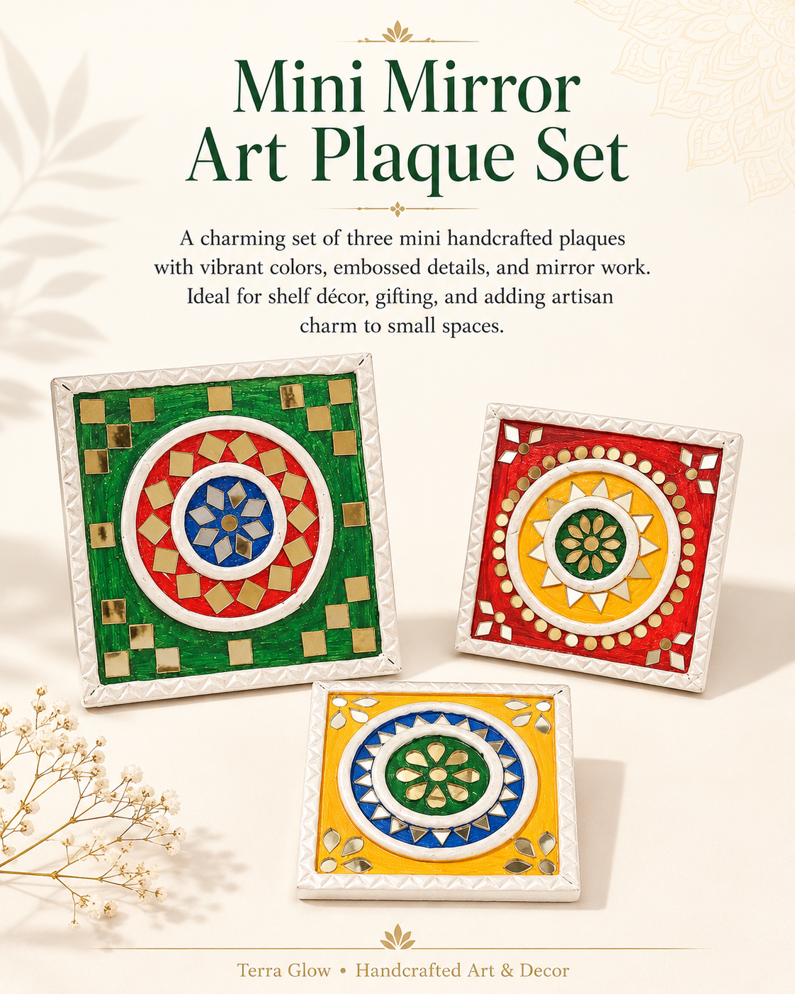 Terra Glow Mini Mirror Art Plaque Set featuring three handcrafted square mirrors with colorful mosaic designs in green, red, yellow, and blue, displayed on a cream background with decorative text and botanical elements.