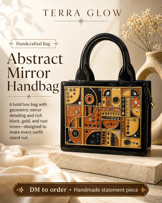 Handcrafted Abstract Mirror Handbag with Geometric Design and Glossy Black Frame