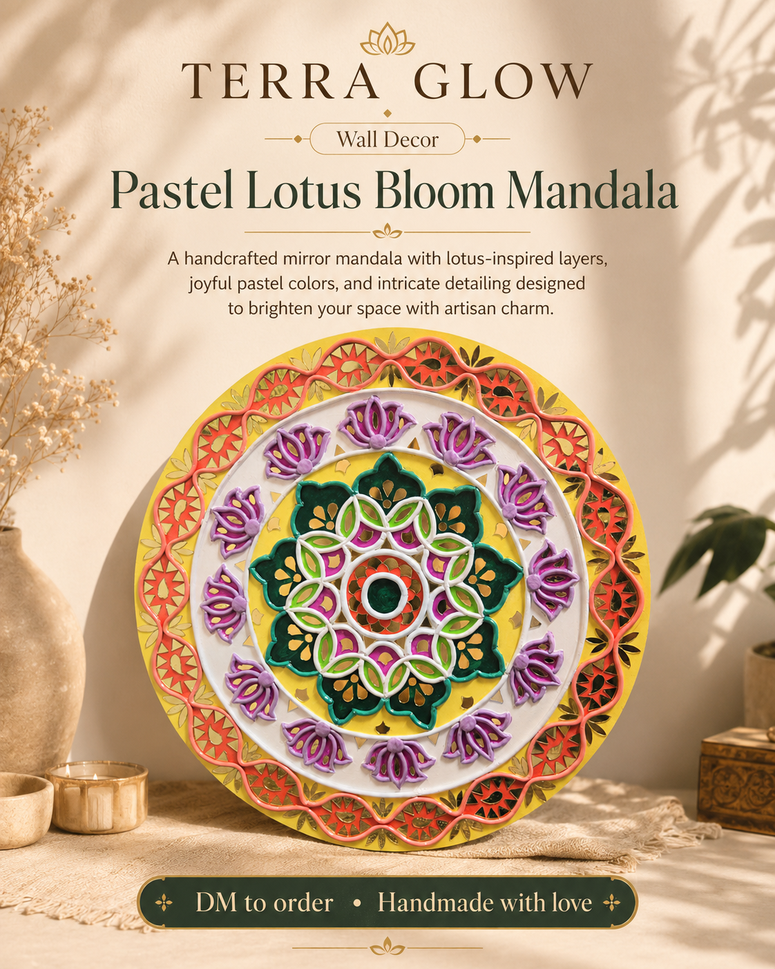 A decorative pastel lotus mandala wall decor piece displayed on a tabletop in a styled interior setting. The product is a round mirror mandala with intricate layered floral and geometric patterns in yellow, orange, purple, green, and white.